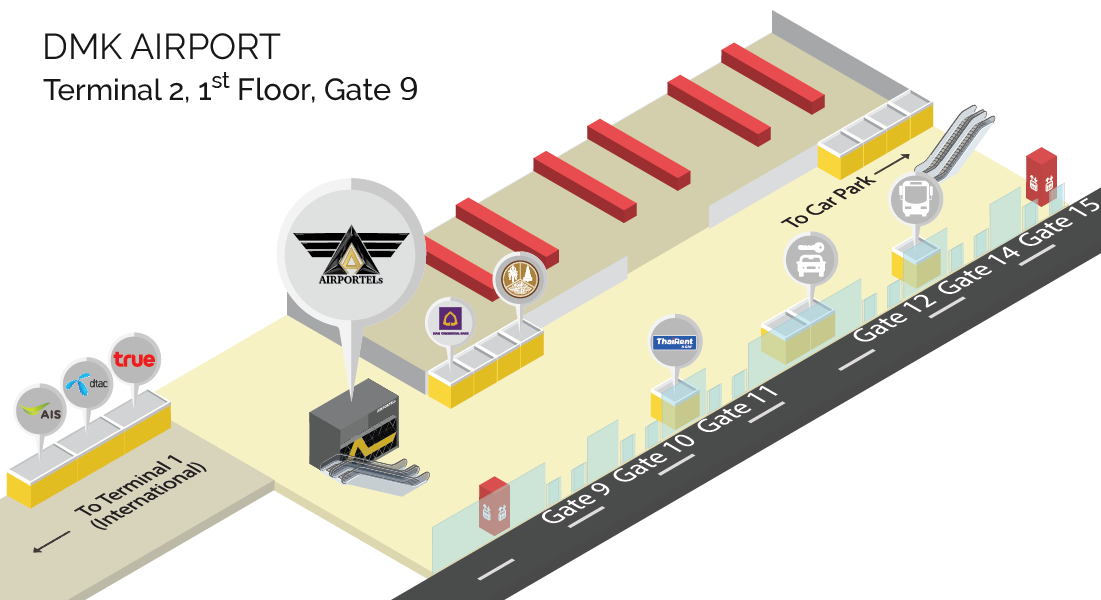 AIRPORTELs booth is located on the 1st floor, Gate 9, Domestic Terminal (Terminal 2).