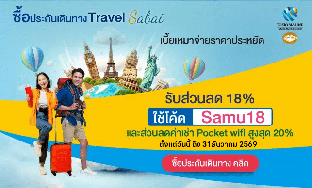 Promotional travel insurance banner in Thai with travelers carrying suitcases, a collage of world landmarks, and an 18% discount offer with Samu18 code.