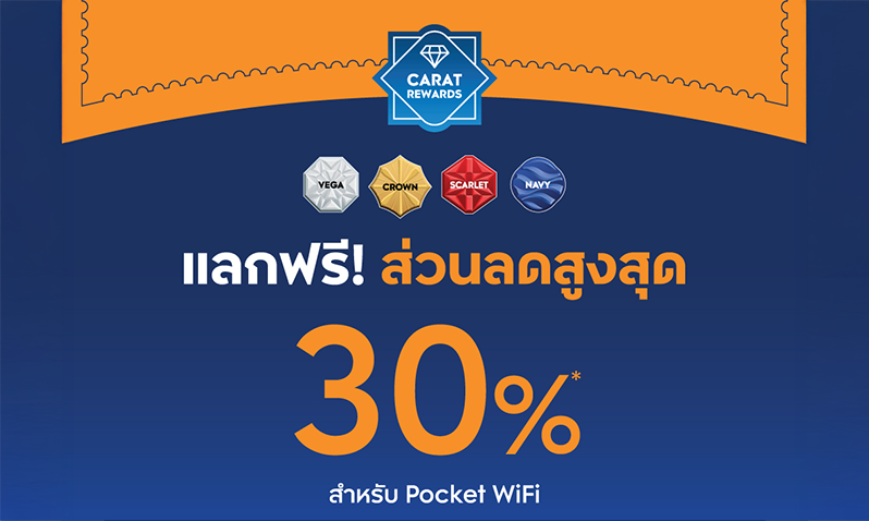 Promotional banner for Carat Rewards with four gem icons (Vega, Crown, Scarlet, Navy) and Thai text offering 30% off Pocket WiFi.