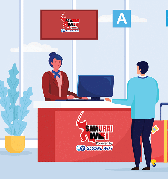 Reception desk with a staff member assisting a customer in a wifi store; Samurai WiFi branding on the counter and a digital sign above.