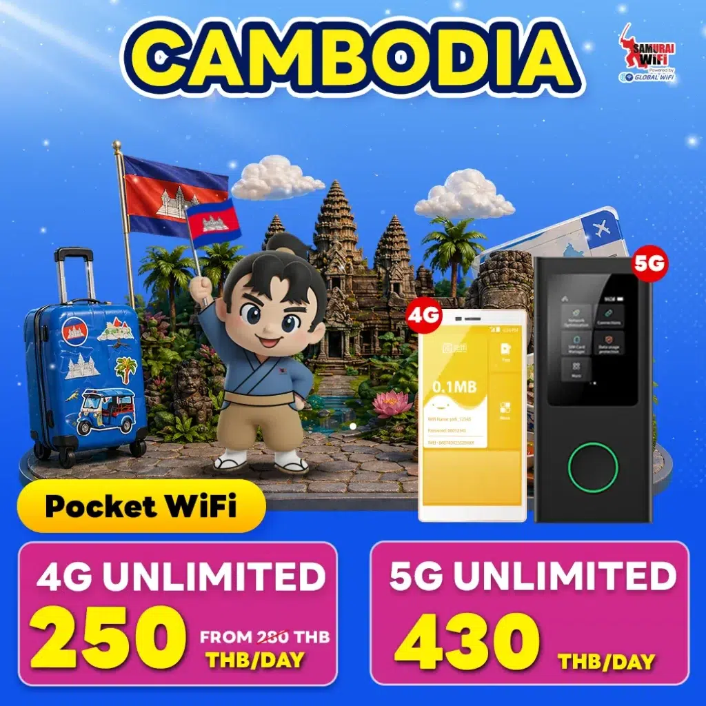 Cartoon mascot in front of Angkor temples with Cambodia flags, advertising Pocket WiFi 4G/5G plans.