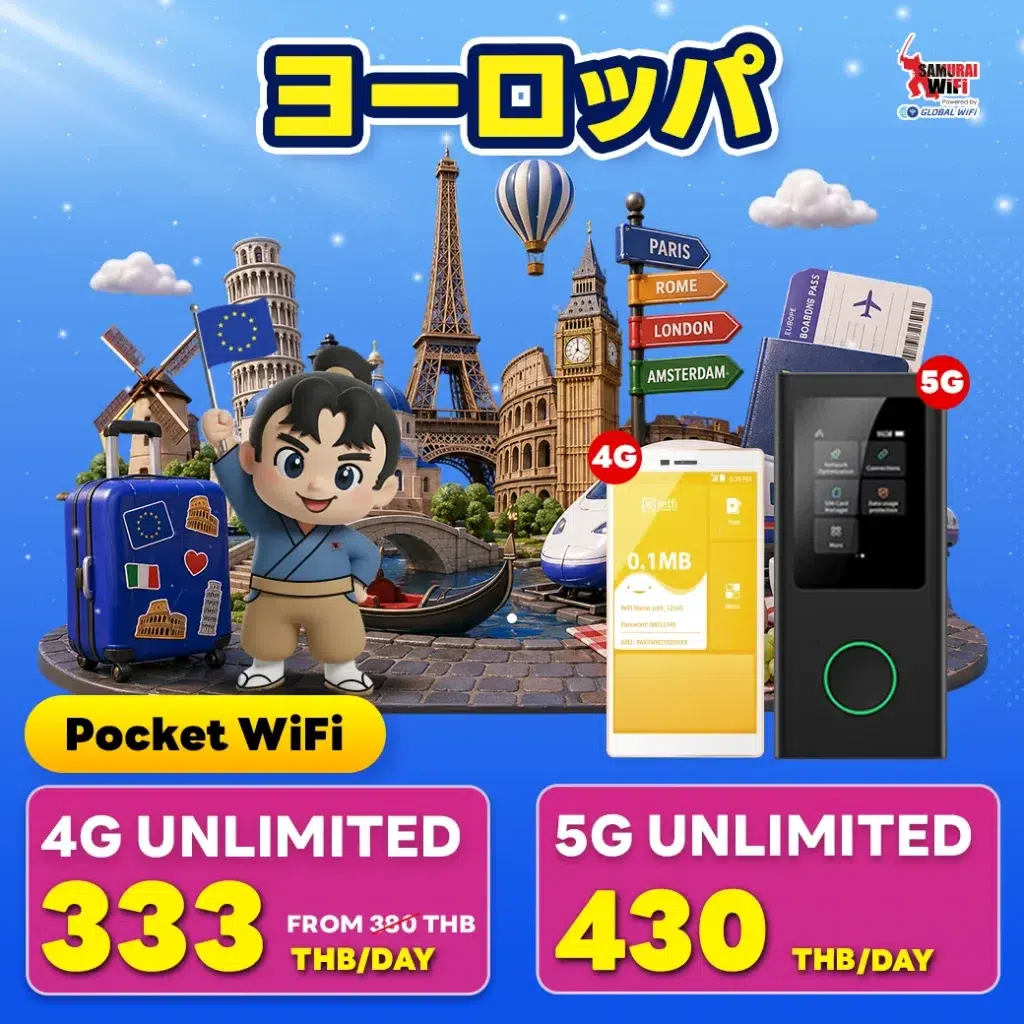 Travel-themed promo image for Pocket WiFi featuring a cartoon mascot, European landmarks, travel signs, and devices with 4G/5G price cards (333 THB/day and 430 THB/day).