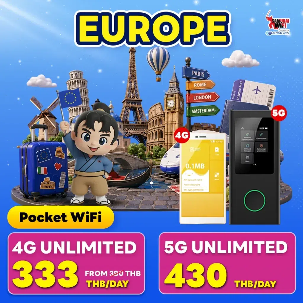Promotional collage for Europe Pocket WiFi with landmarks, luggage, and 4G/5G plans highlighted (333 THB/day and 430 THB/day).