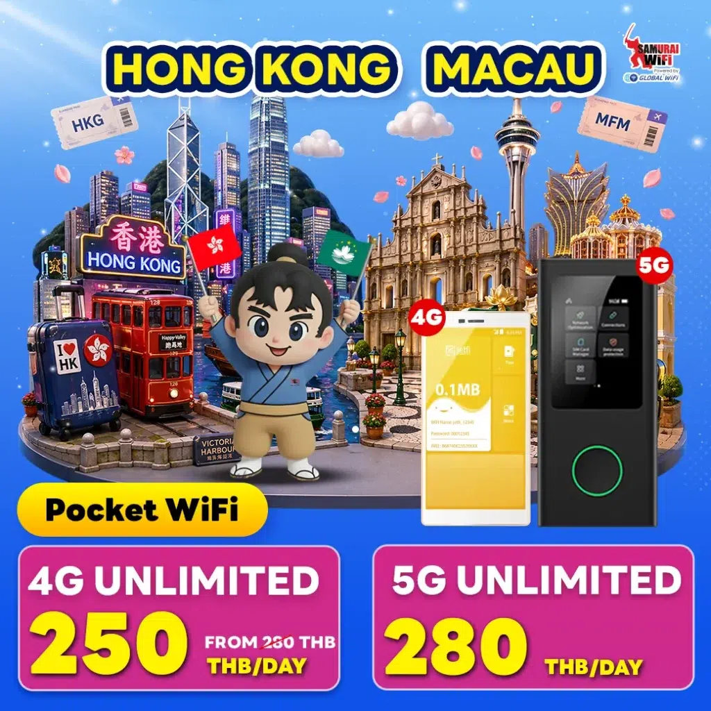 Colorful promotional collage for Pocket WiFi in Hong Kong and Macau, featuring city landmarks, a cartoon mascot, luggage, and two device images with 4G and 5G indicators; price cards show 4G unlimited 250 THB/day and 5G unlimited 280 THB/day.