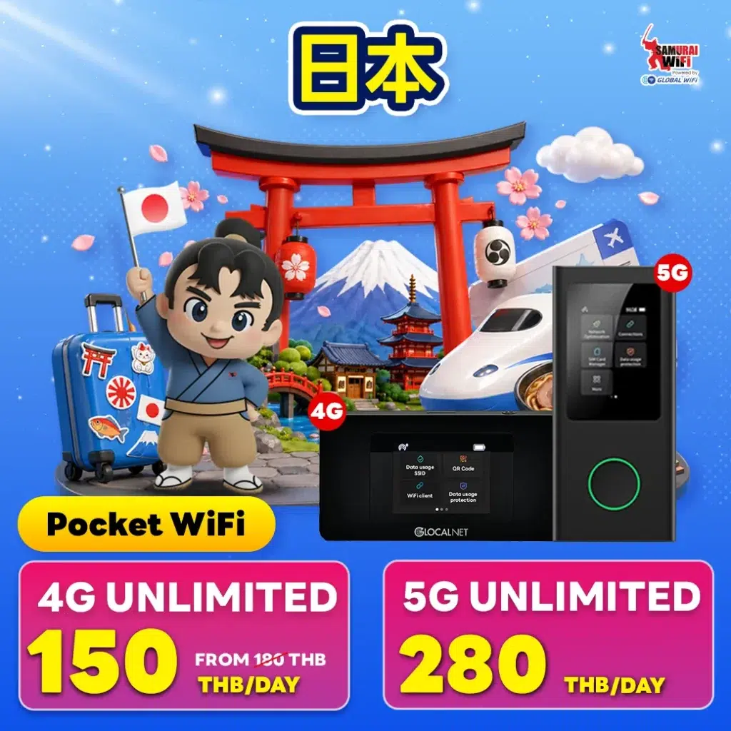 Promotional banner for Pocket WiFi in Japan: mascot, Mt. Fuji, torii gate, Japan flag, train, and 4G/5G plans.