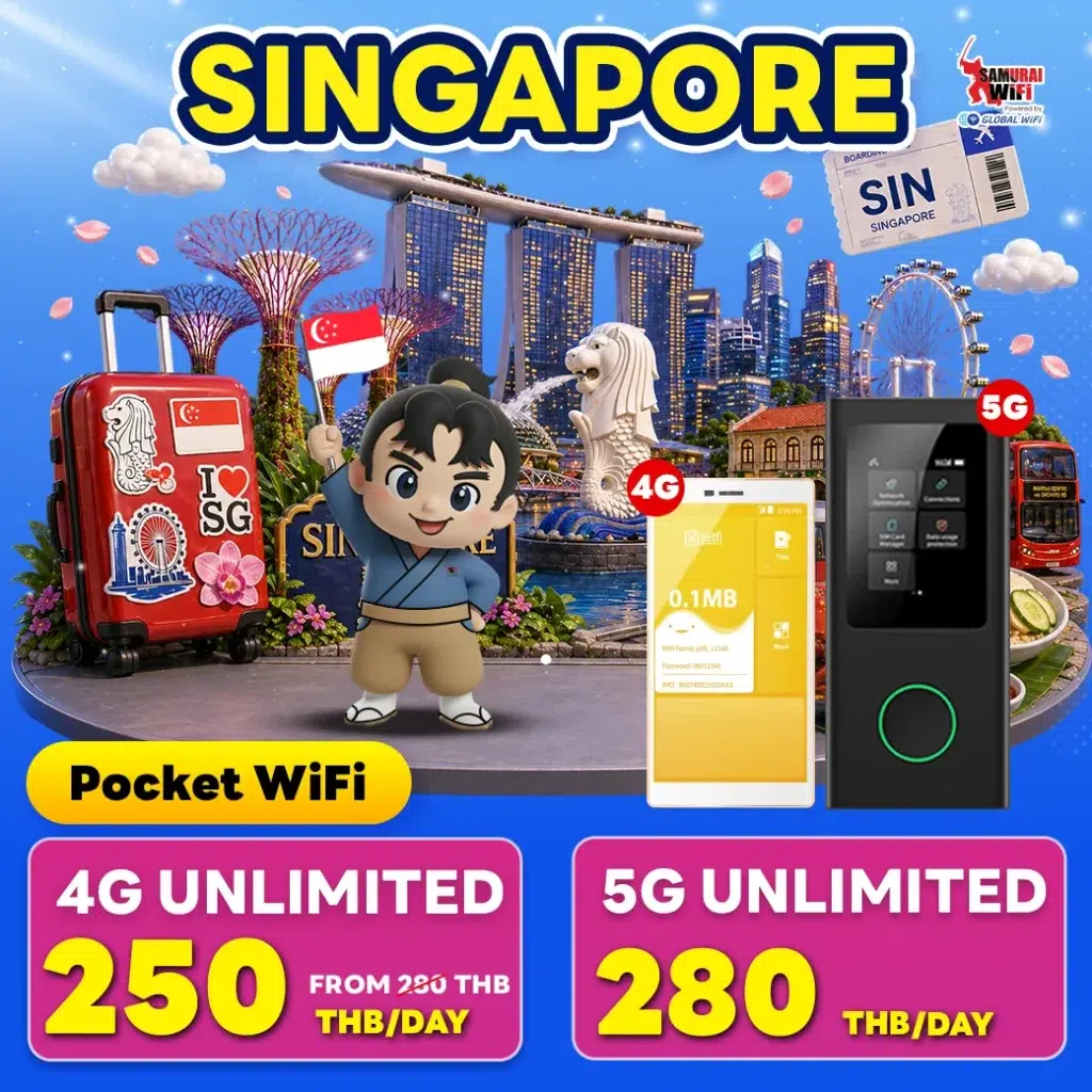 Travel promo for Pocket WiFi in Singapore featuring a cartoon mascot, suitcase with SG imagery, Singapore landmarks, 4G/5G devices, and bold price cards