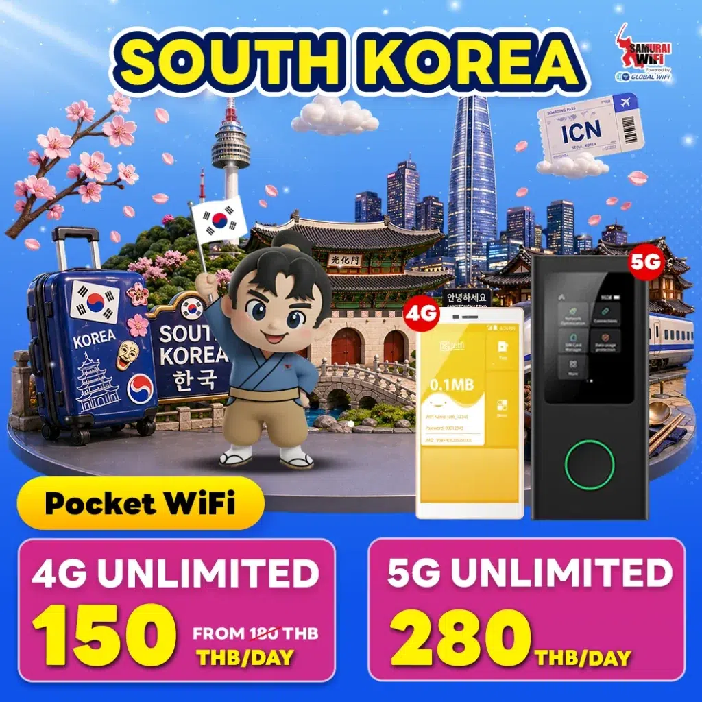 Colorful Korea travel poster promoting Pocket WiFi with luggage, landmarks, and 4G/5G devices; pricing shown (THB).