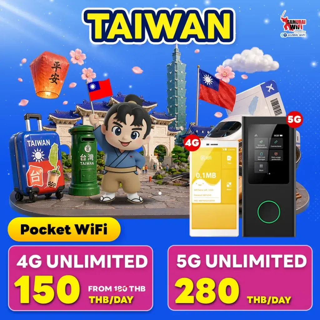 Promotional image for Pocket WiFi in Taiwan, featuring a cheerful mascot, travel icons, and 4G/5G plans priced per day on bright pink and yellow panels.