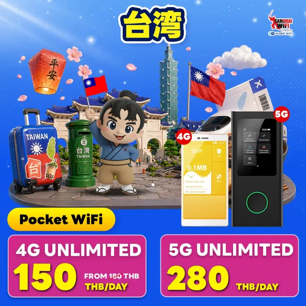 Cartoon boy mascot with Taiwan landmarks, flags, luggage, and 4G/5G Pocket WiFi devices in a blue promotional banner.
