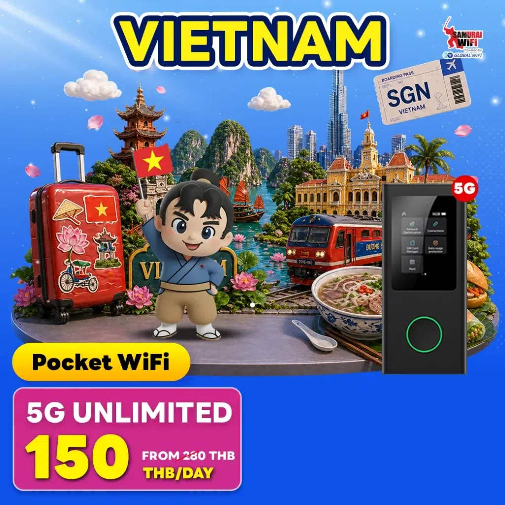 Vietnam travel promo collage with cartoon mascot, luggage, landmarks, and a pocket WiFi device advertising 5G Unlimited for 150 THB/day.