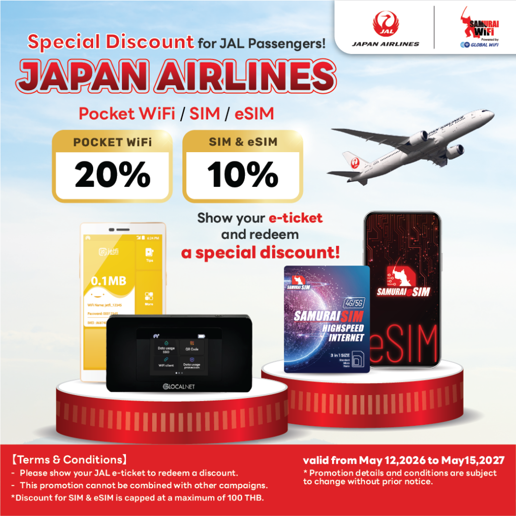 Ad for Japan Airlines: 20% Pocket WiFi and 10% SIM/eSIM discounts; airplane, smartphones, portable router and SIM cards displayed on red podiums against a blue sky.