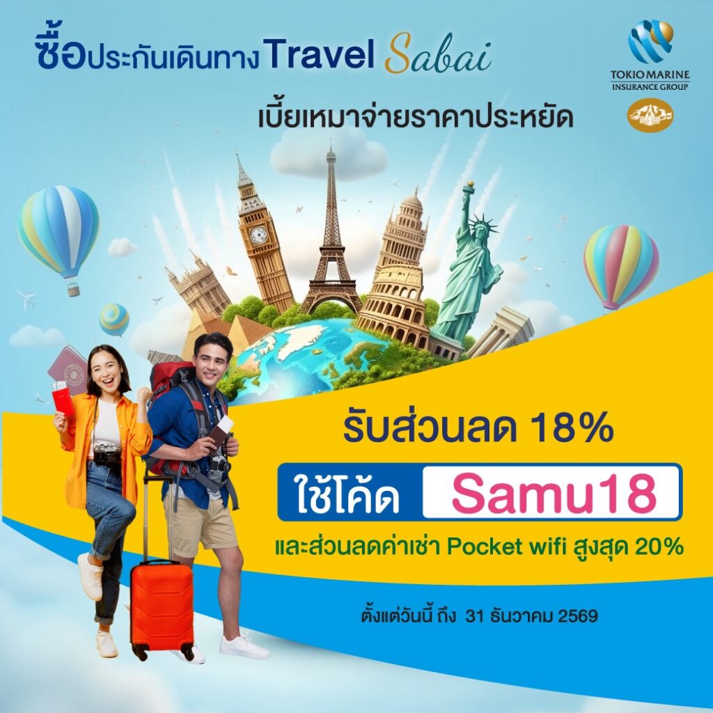 Travel promotion image featuring two travelers with luggage against a world landmarks backdrop and bold Thai text for discounts and code Samui18 (uses blue, yellow, and orange design).