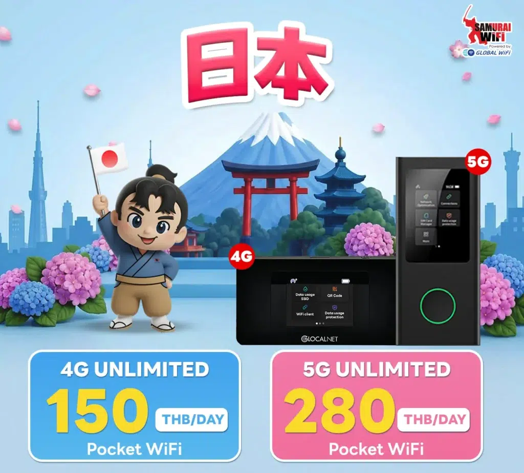 Cartoon character in blue kimono waves Japan flag in front of Mt. Fuji and a torii gate, with 4G and 5G Pocket WiFi devices nearby. (informational)