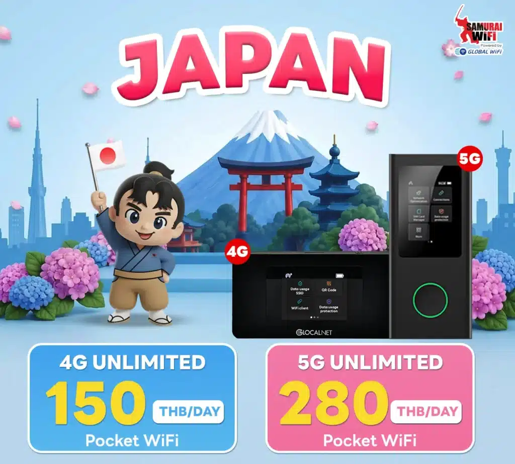 Cartoon traveler waves Japan flag beside Mt. Fuji with pocket Wi‑Fi devices advertised for 4G and 5G plans.