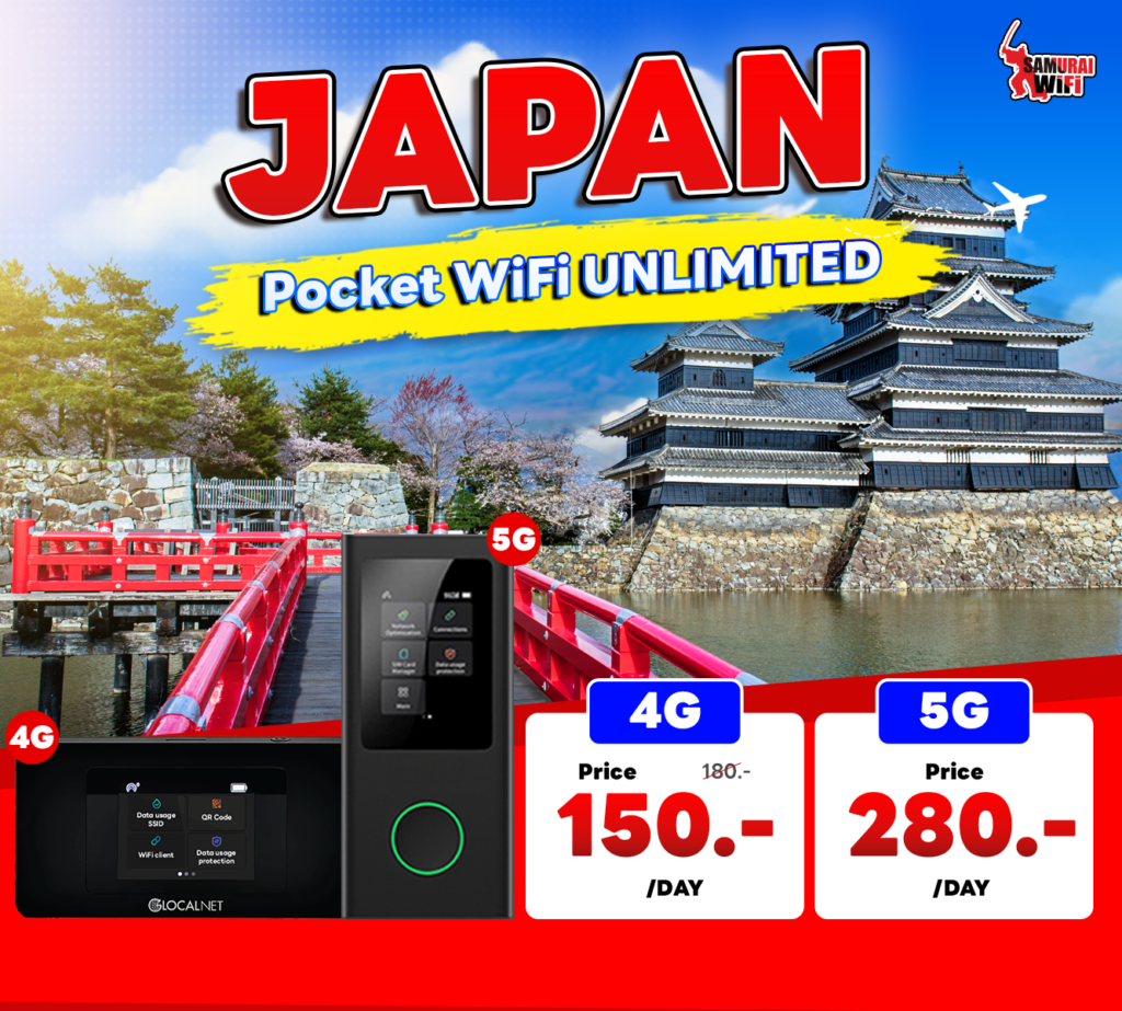 Bright Japan Pocket WiFi Unlimited promo with red JAPAN text, yellow splash headline, castle and red bridge in background, 4G/5G price cards (150/day, 280/day) and devices in foreground