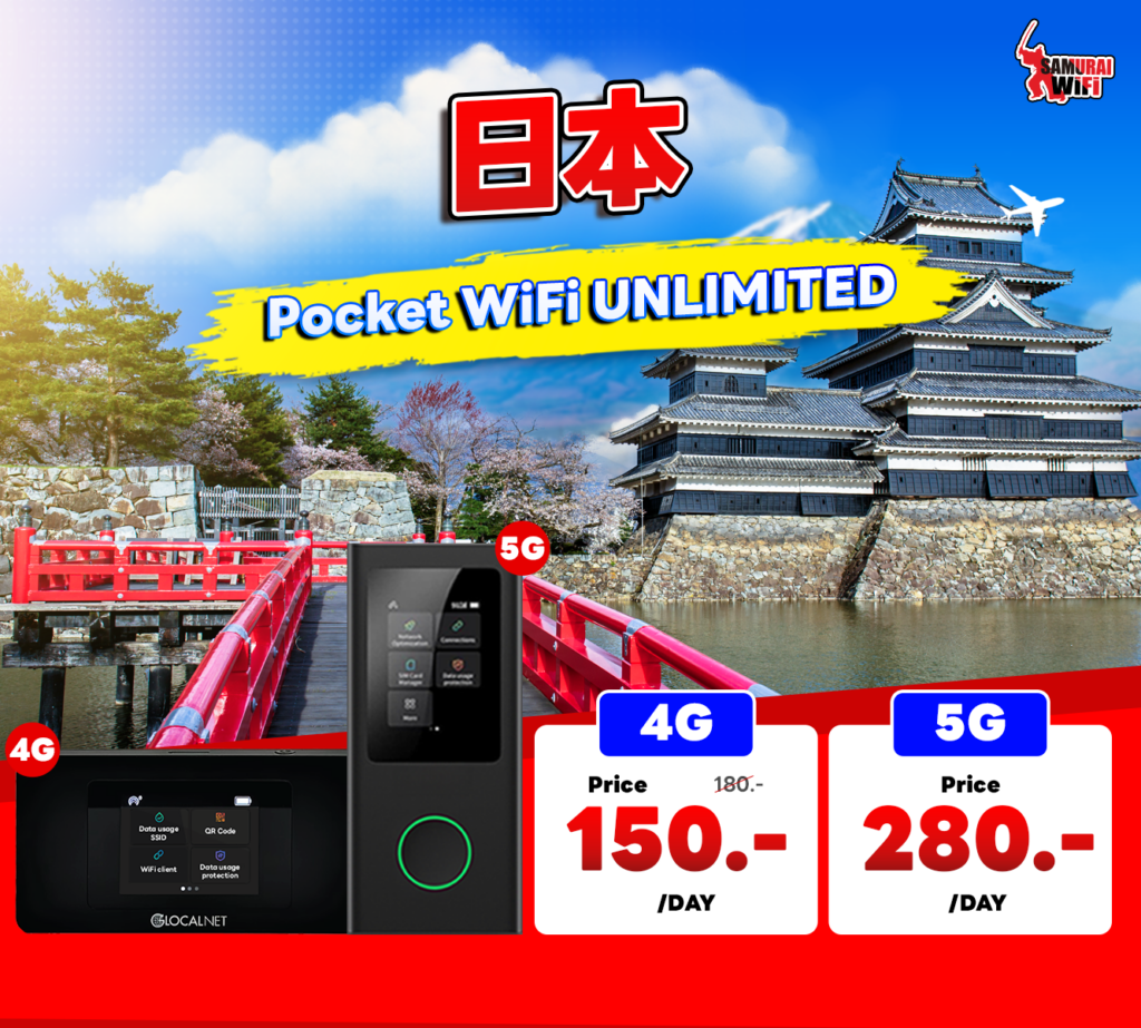 Promo banner for Pocket WiFi Unlimited in Japan featuring a castle, red bridge, and 4G/5G price cards (150/day and 280/day). Most important: Pocket WiFi Unlimited promo with Japanese castle scene and daily prices.