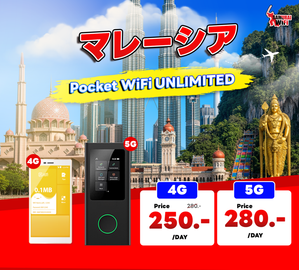 Malaysia Pocket WiFi UNLIMITED promo collage with 4G/5G devices and daily prices 250 and 280
