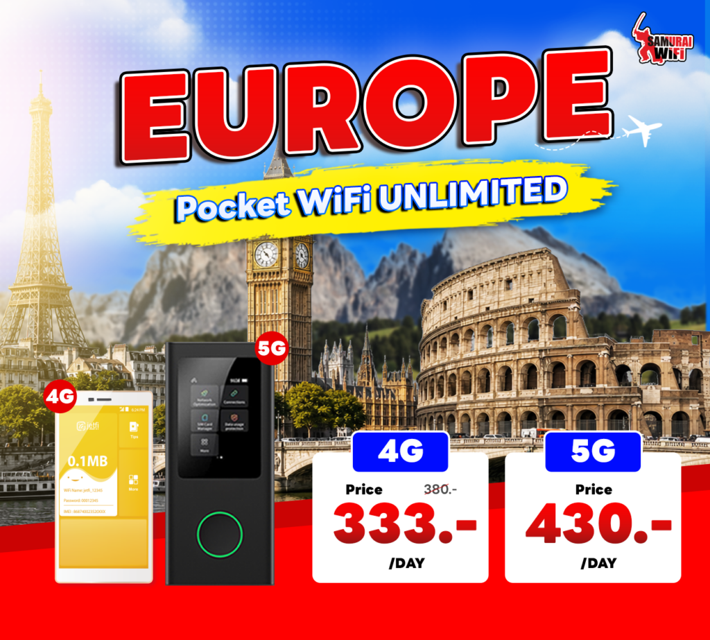 Advertisement for Europe Pocket WiFi UNLIMITED showing landmarks (Eiffel Tower, Big Ben, Colosseum) and 4G/5G price cards for per-day rates.