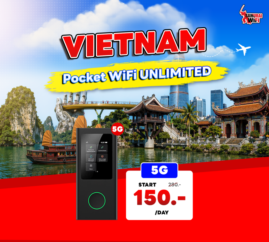 Vietnam Pocket WiFi Unlimited promo banner with a cityscape, bridge, traditional buildings, and a 5G device priced at 150/day in bold graphics.