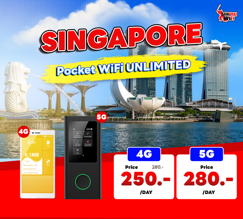 Promotional poster for Singapore Pocket WiFi Unlimited with skyline, Merlion statue, and bold price cards for 4G/5G devices.