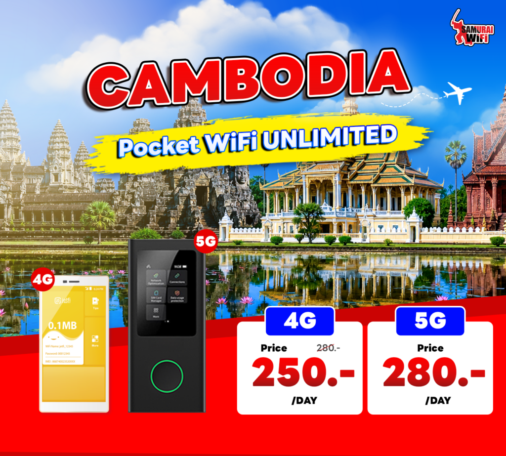 Bright travel ad for Cambodia Pocket WiFi Unlimited with 4G and 5G pricing; 4G 250/day, 5G 280/day, devices shown in foreground.