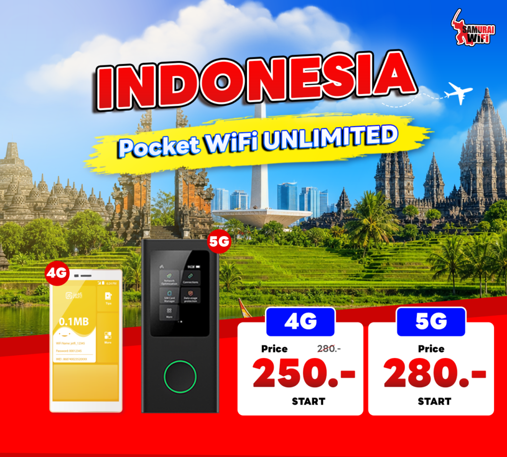 Indonesia travel promo banner showing Pocket WiFi Unlimited with 4G/5G pricing and iconic temples in background for a travel ad.