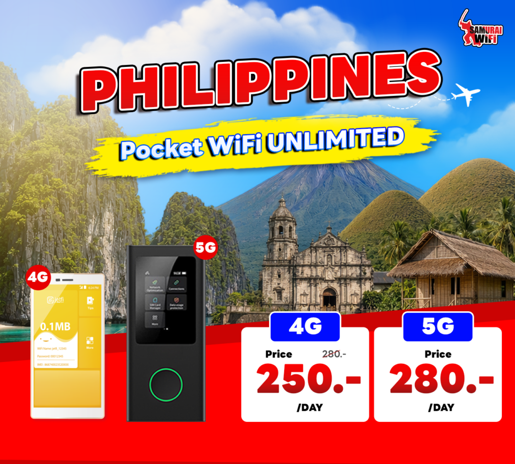 Bright Philippines Pocket WiFi Unlimited promo featuring 4G/5G devices, island backdrop, and bold price cards (250/day, 280/day)