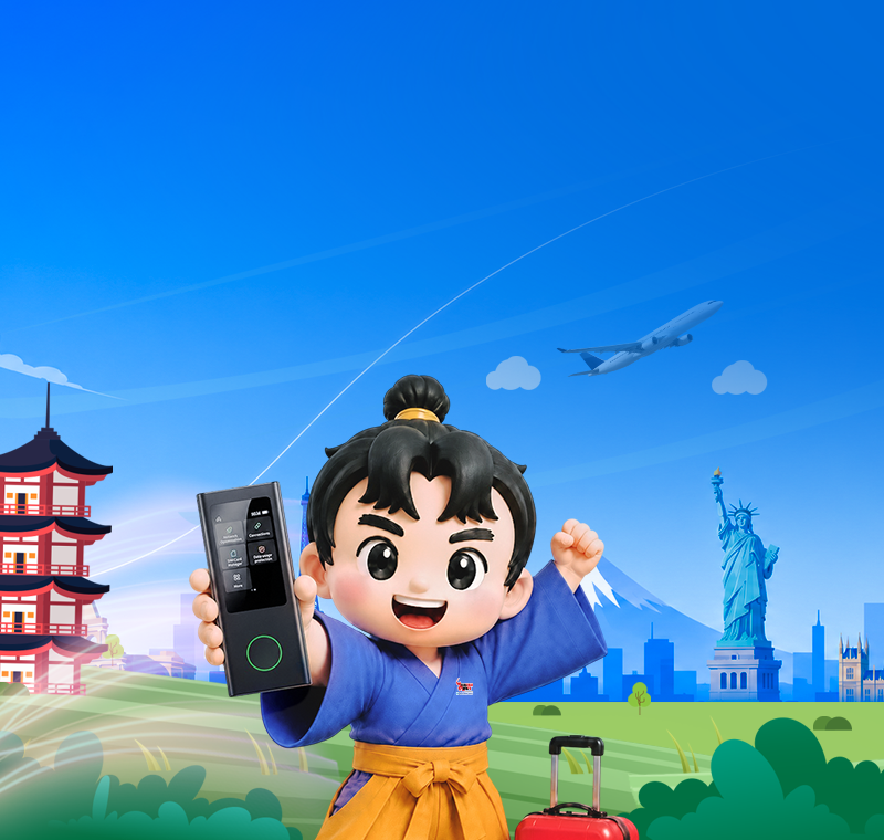 Cartoon child in a blue martial-arts outfit holds a handheld device with landmarks like the Statue of Liberty and a pagoda in a bright blue sky behind them.