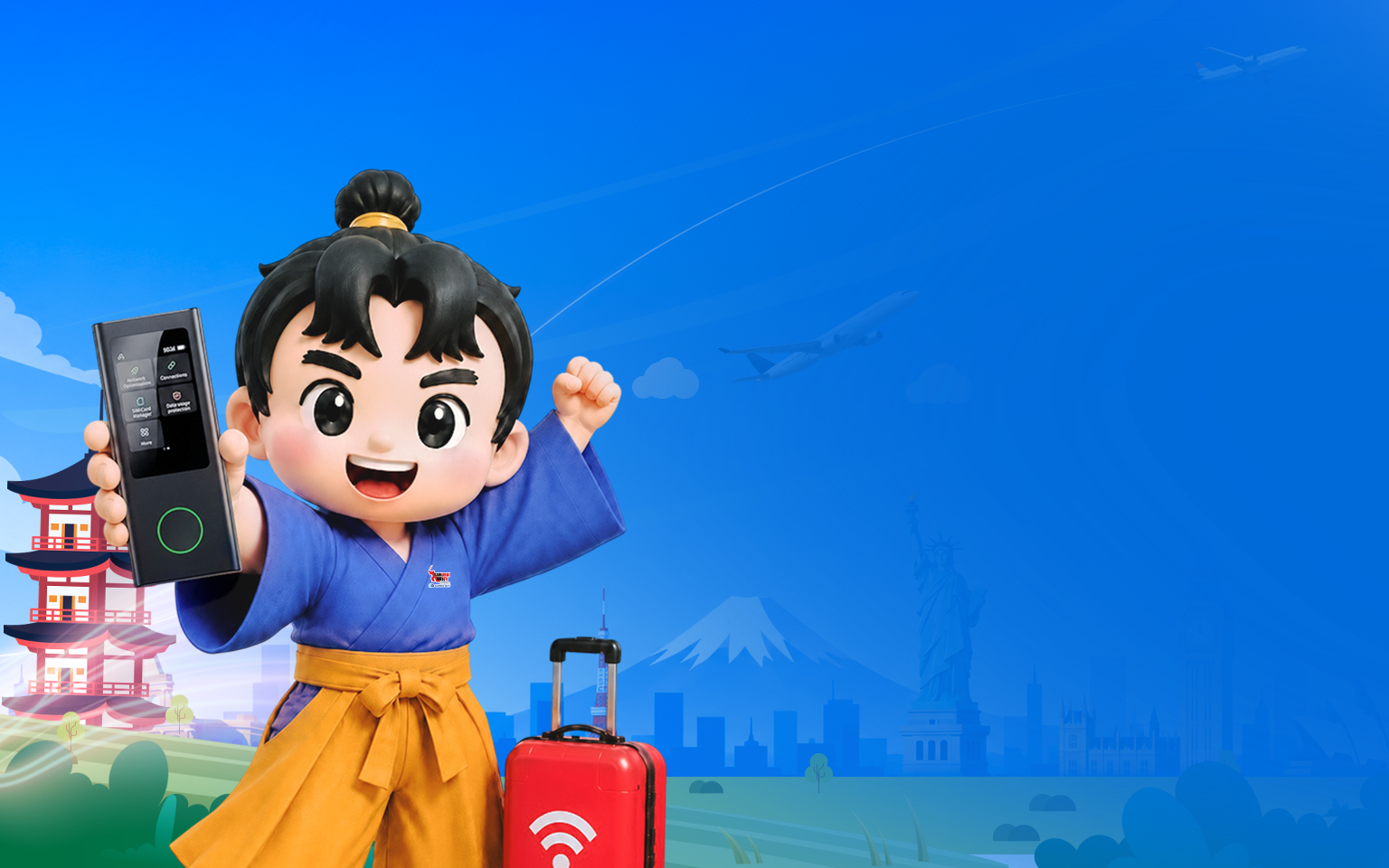 Cheerful cartoon travel mascot in a blue outfit holds up a smartphone, with a red suitcase beside him in a bright travel-themed scene.