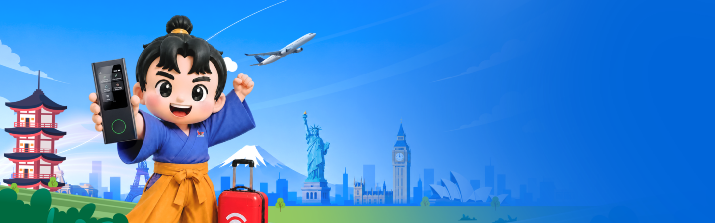 Cartoon travel mascot in a blue kimono holds a smartphone with a suitcase, against a backdrop of global landmarks and a plane in the sky, promoting travel.