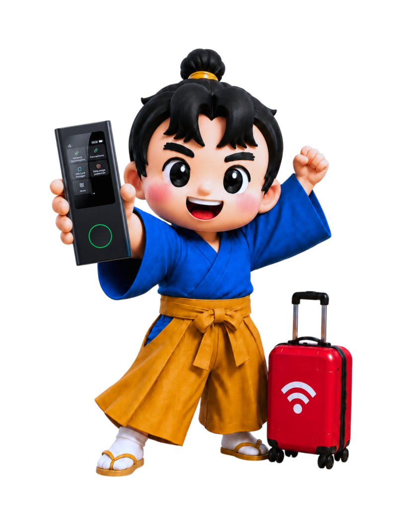 Cheerful cartoon character in a blue outfit holds up a smartphone beside a red wheeled suitcase with a Wi-Fi symbol visible on it.