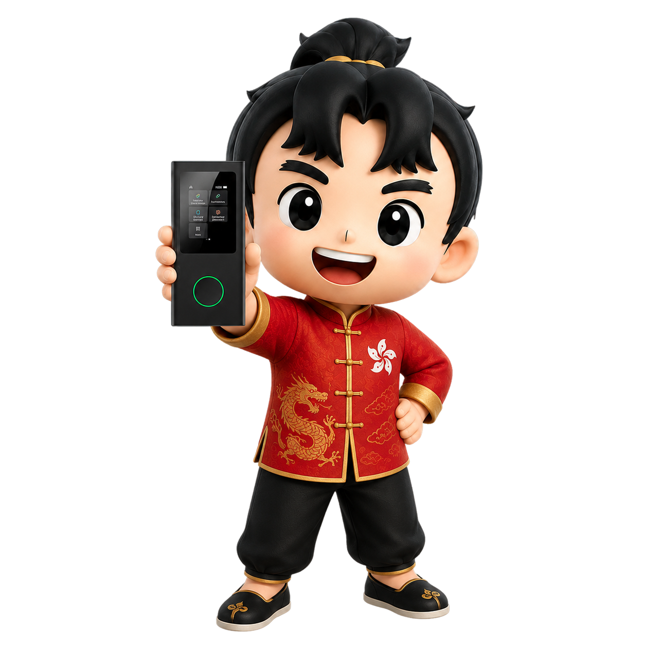 Cartoon mascot in a red traditional outfit holds up a small black handheld device with a touchscreen and green ring button.