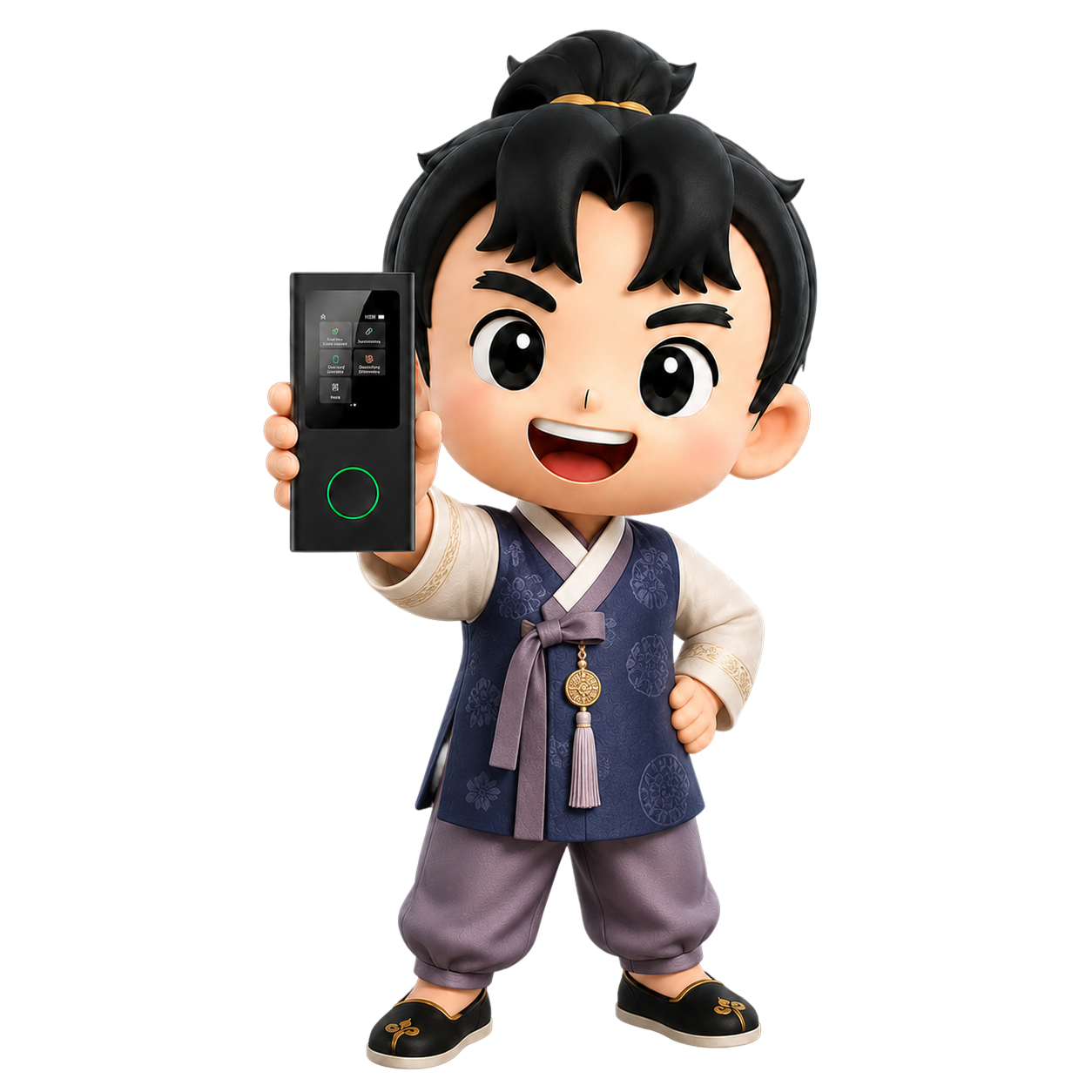 Cartoon boy in a hanbok holds up a black handheld device and smiles at the viewer