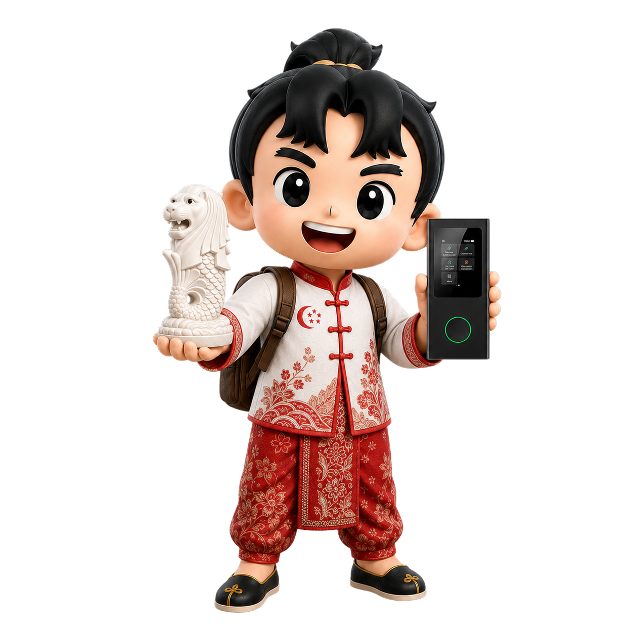 Smiling cartoon boy in red-and-white traditional Chinese clothing holds a white guardian lion statue in one hand and a touchscreen device with a glowing green ring in the other.