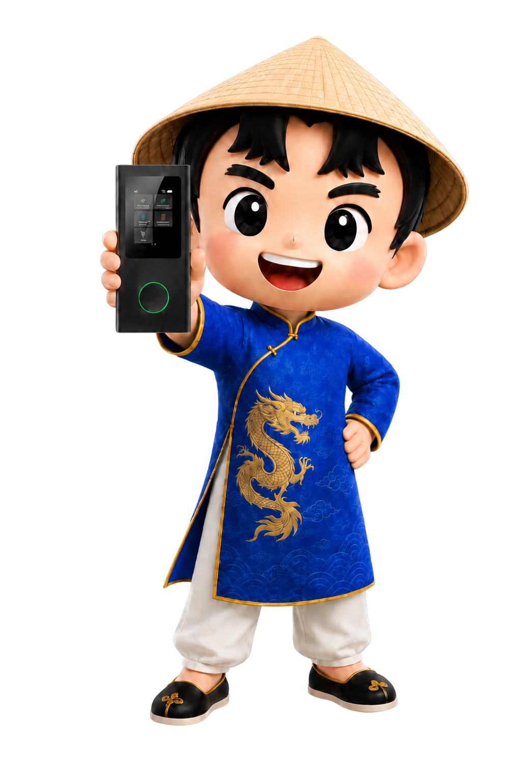 Cartoon Vietnamese child in a blue áo dài and conical hat, smiling and holding up a smartphone showing an app screen.