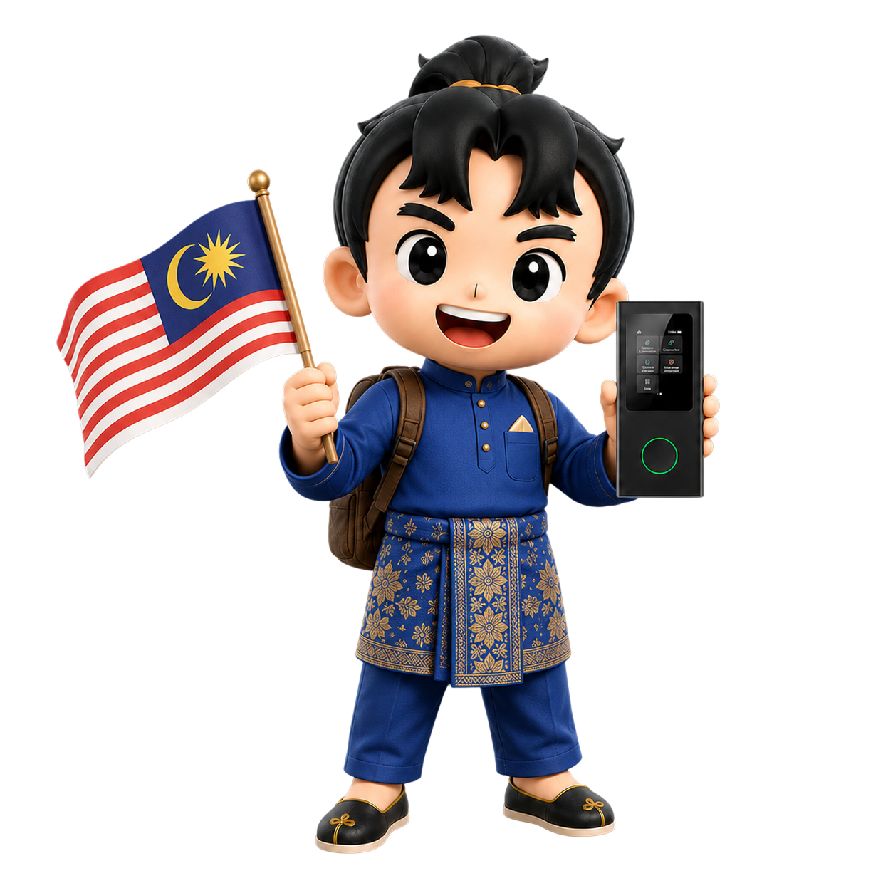 Cheerful cartoon boy in traditional Malay clothing holds a Malaysian flag and a handheld touchscreen device.