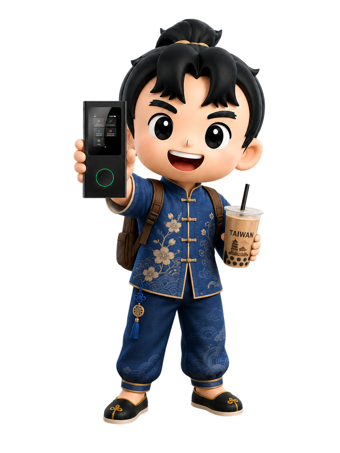 Cheerful cartoon boy in a blue traditional outfit holds up a black handheld device showing a screen and a cup of Taiwan bubble tea in his other hand.