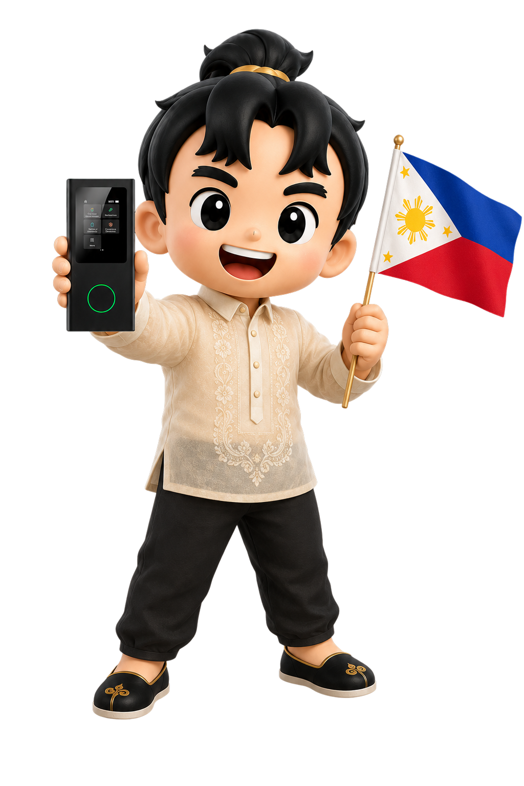 Cartoon boy in a barong holding a Philippine flag and a handheld device with a glowing green ring.