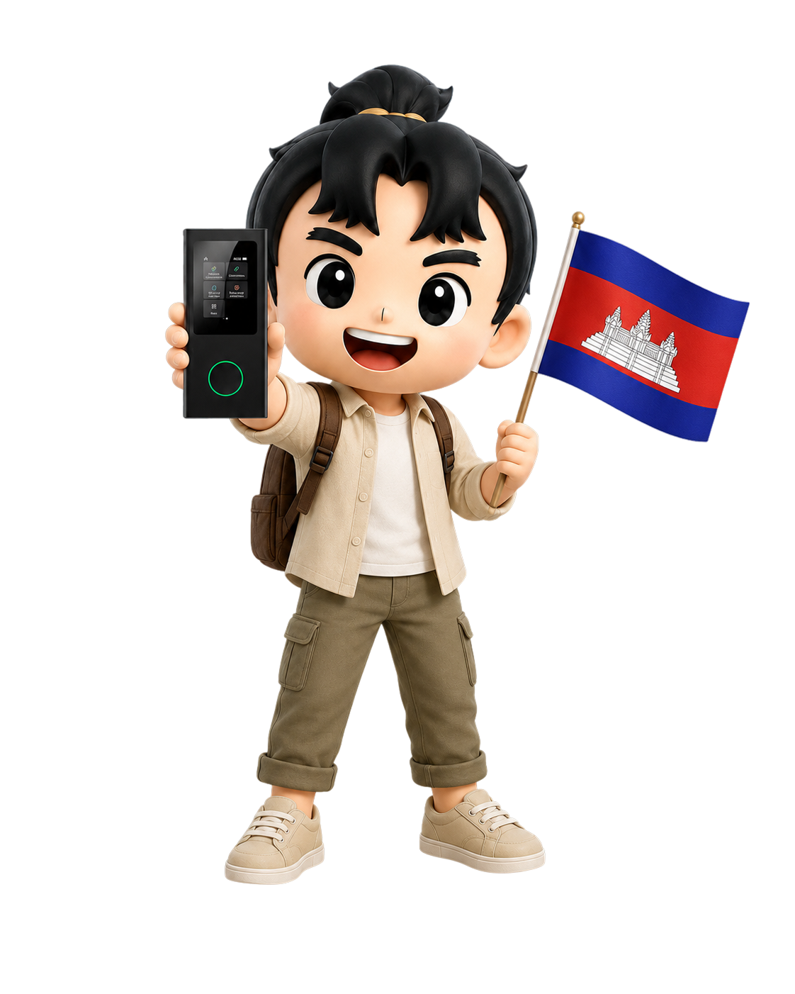 Cheerful cartoon boy with a backpack holds a black handheld device in one hand and a Cambodia flag in the other, smiling.