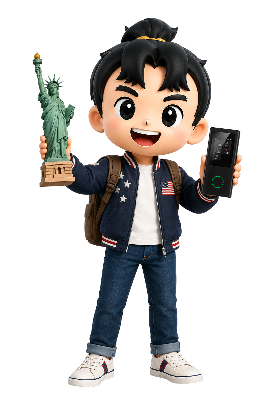 Cartoon boy in jeans and jacket holding a Statue of Liberty figurine in one hand and a smartphone with a green ring in the other, with a backpack on.