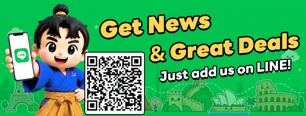 Cartoon character holding a phone with the LINE logo beside a QR code; banner reads 'Get News & Great Deals' and 'Just add us on LINE!'