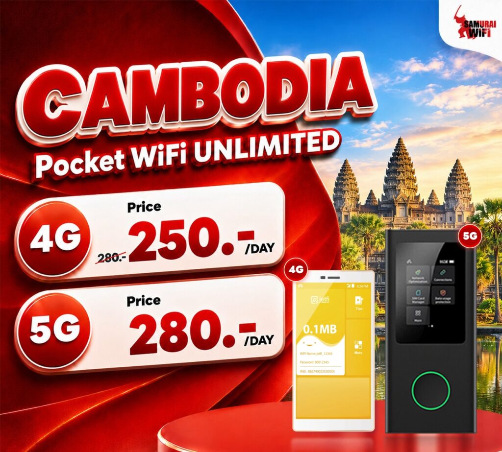 Promotional image for Cambodia Pocket WiFi: 4G and 5G daily prices shown (250 and 280) with device images against a red background and Angkor temple scene in the background.