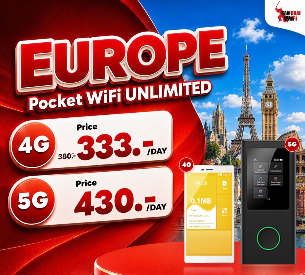 Europe Pocket WiFi Unlimited ad showing 4G for 333/day and 5G for 430/day with Eiffel Tower and Big Ben in the background.