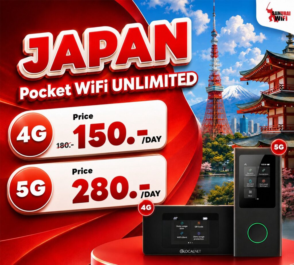 Promo banner for Japan Pocket WiFi Unlimited with 4G/5G plans; prices 150/day and 280/day shown, Tokyo skyline and devices in background