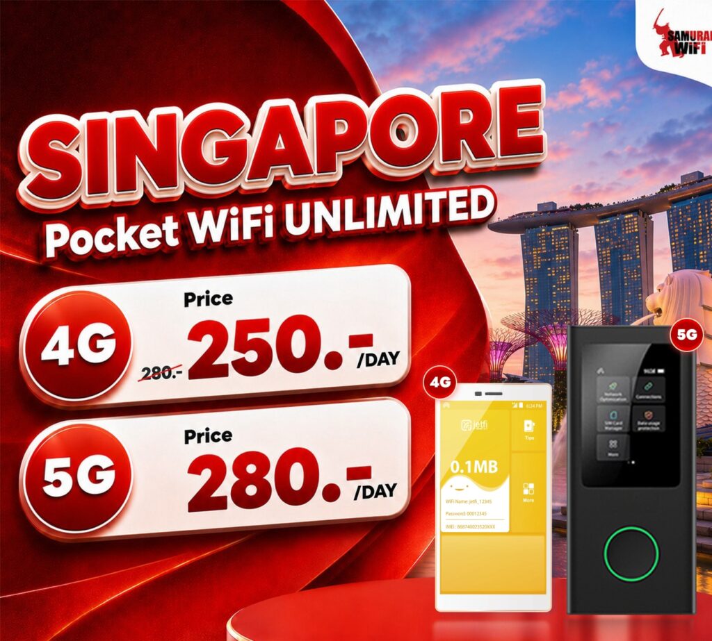 Advertisement for Singapore Pocket WiFi Unlimited featuring 4G and 5G price cards (250/day and 280/day) with Singapore skyline in the background and devices in foreground.