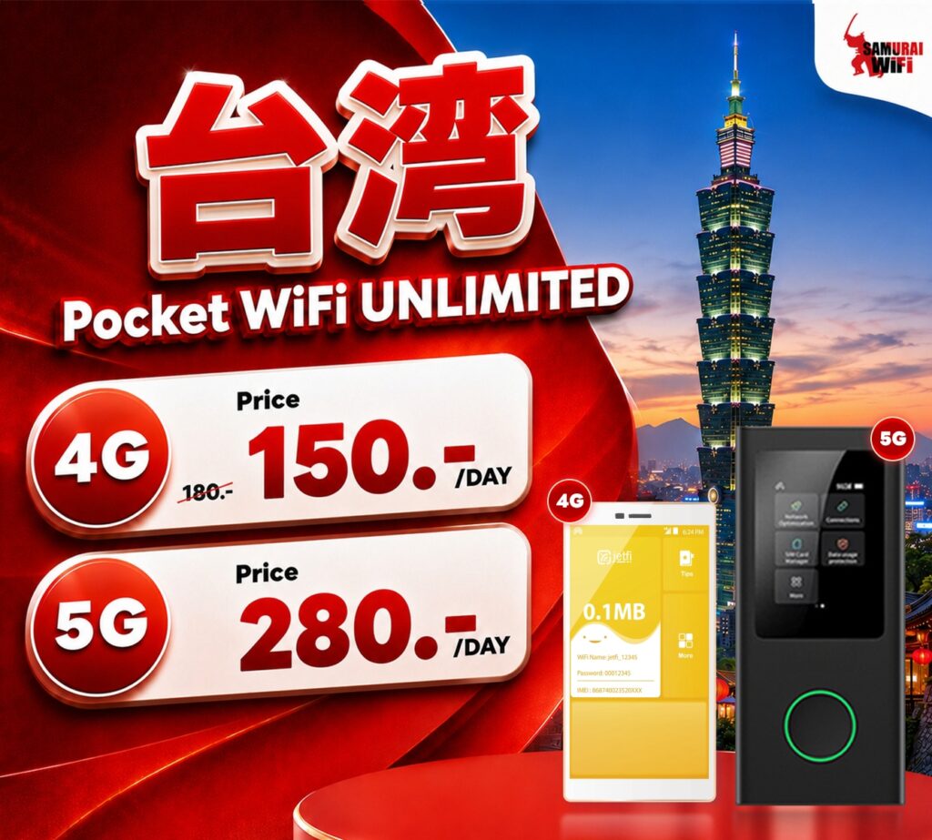 Promotional banner for Pocket WiFi Unlimited with 4G at 150/day and 5G at 280/day, Taipei skyline in the background.