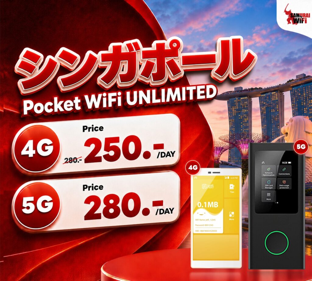 広告のポケットWiFi広告：シンガポール観光用の4G/5G料金 showing 250円/日と280円/日の価格表示。実物端末と背景の都市景観。