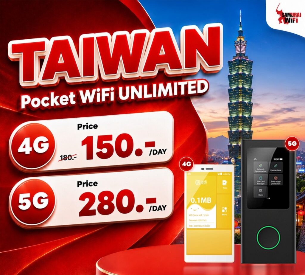 Promotional banner for Taiwan Pocket WiFi Unlimited, showing 4G at 150/day and 5G at 280/day with a city skyline background.