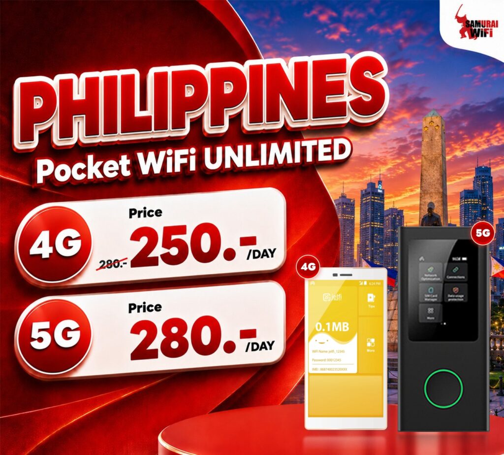 Bright red ad for Philippines Pocket WiFi UNLIMITED with 4G/5G price blocks and devices against a city skyline.