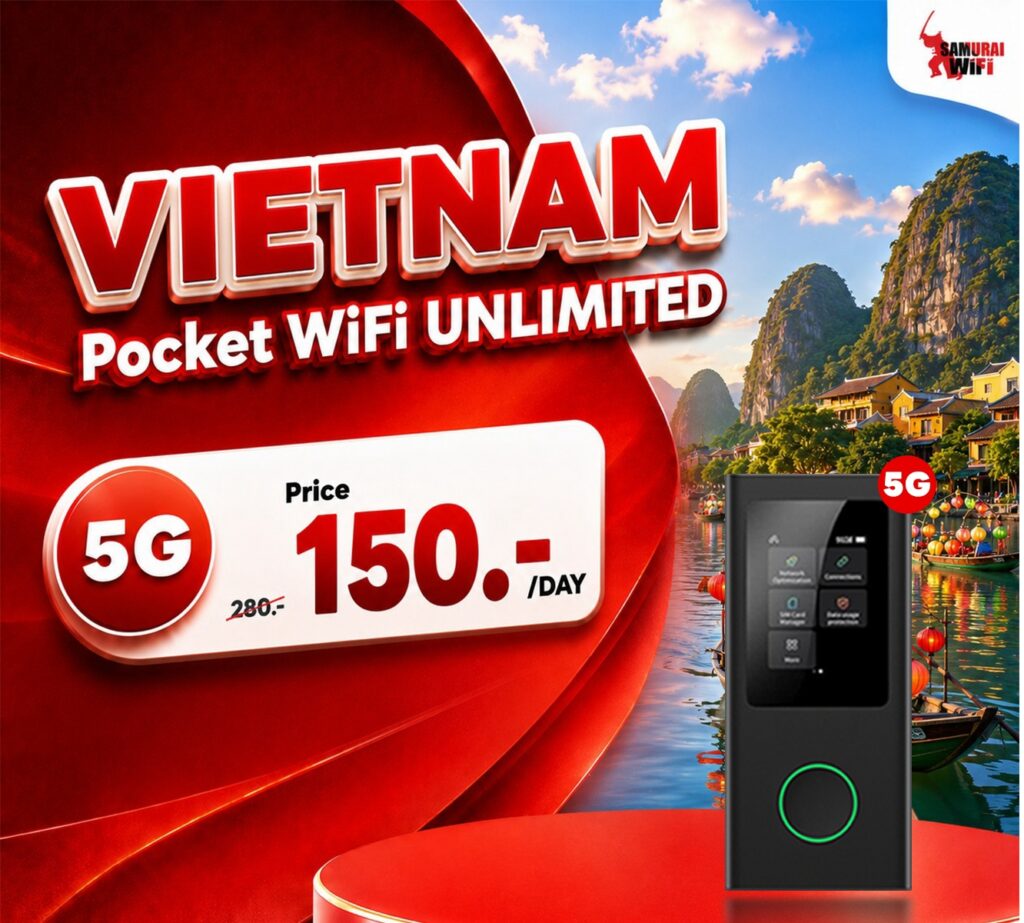 Promotional banner for Vietnam Pocket WiFi Unlimited with 5G, price 150 per day, red curved graphics and scenic backdrop.